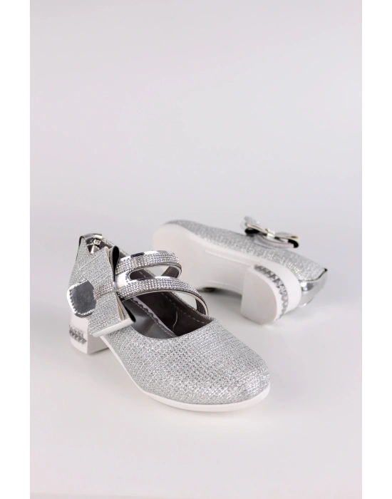 Kız Çocuk Ayakkabı Abiye Papyonlu Babet Taşlı Simli Gümüş