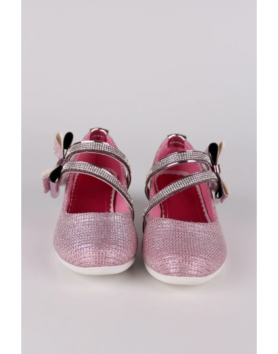 Kız Çocuk Ayakkabı Abiye Papyonlu Babet Taşlı Simli Pudra