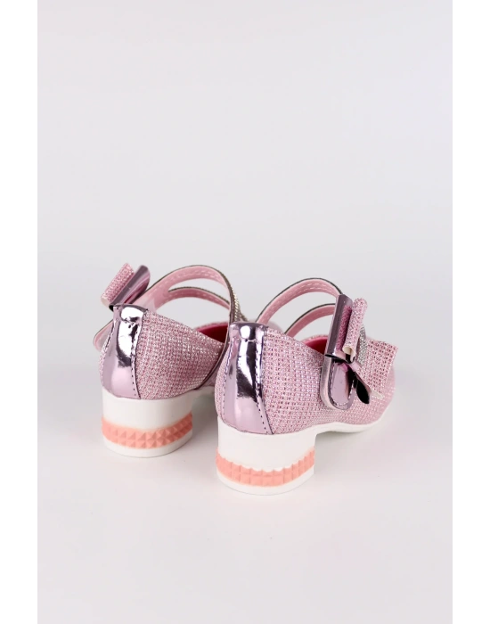 Kız Çocuk Ayakkabı Abiye Papyonlu Babet Taşlı Simli Pudra