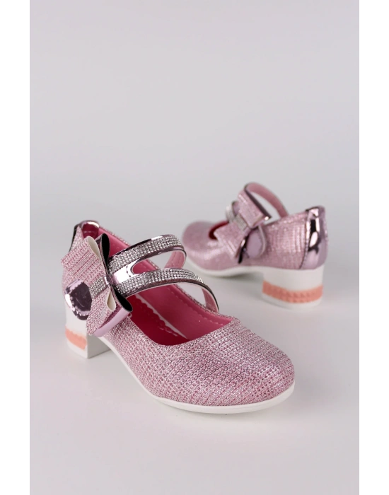 Kız Çocuk Ayakkabı Abiye Papyonlu Babet Taşlı Simli Pudra
