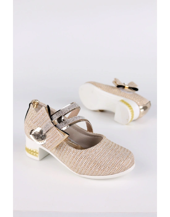Kız Çocuk Ayakkabı Abiye Papyonlu Babet Taşlı Simli Sarı