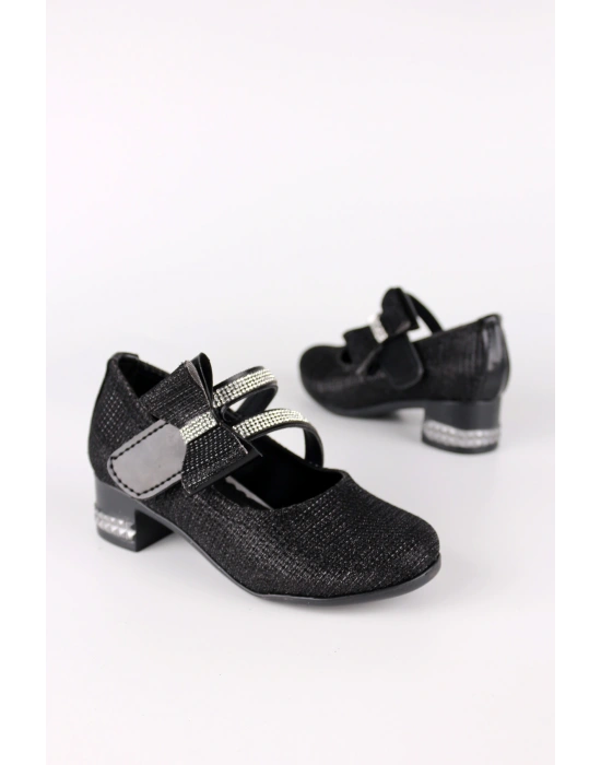 Kız Çocuk Ayakkabı Abiye Papyonlu Babet Taşlı Simli Siyah