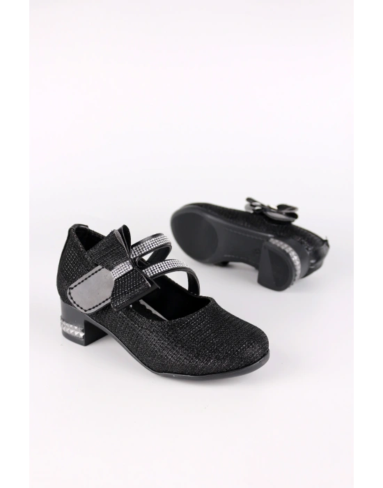 Kız Çocuk Ayakkabı Abiye Papyonlu Babet Taşlı Simli Siyah