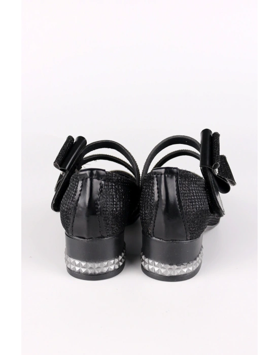 Kız Çocuk Ayakkabı Abiye Papyonlu Babet Taşlı Simli Siyah