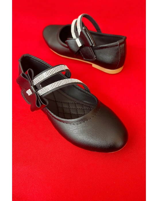 Kız Çocuk Ayakkabı Abiye Papyonlu Babet Taşlı Siyah