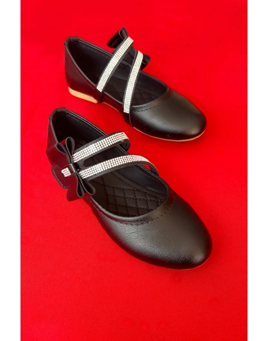 Kız Çocuk Ayakkabı Abiye Papyonlu Babet Taşlı Siyah