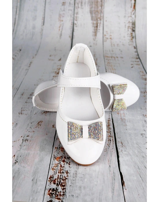 Kız Çocuk Babet Ayakkabı Abiye Cırtlı Taşlı Fiyonklu Beyaz
