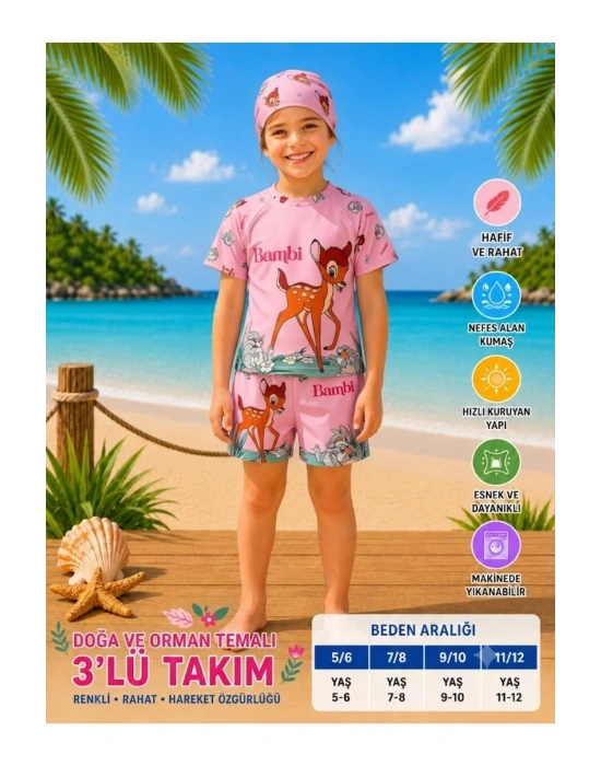 Kız Çocuk UV Korumalı Mayo Takımı Şapkalı 3 Parça