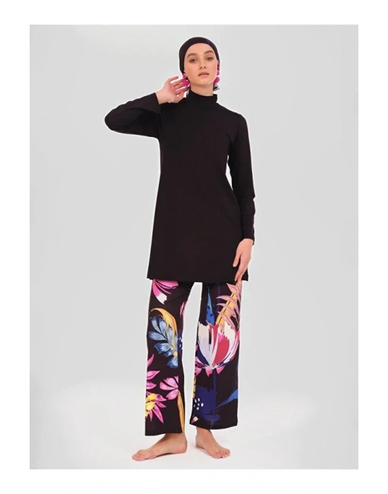 Krizantem Desenli Tesettür Mayo Lacivert Dlx-24613