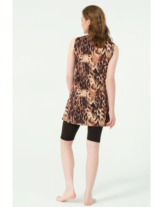 Leopar Desenli Sıfır Kol Yarı Kapalı Mayo