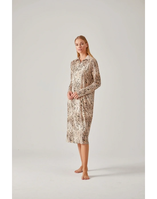 Leopar Siyah Desenli Viskon Kadın Gecelik