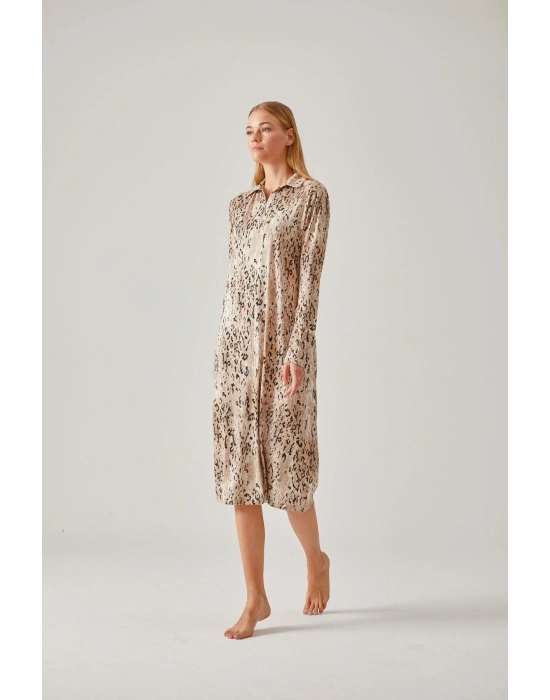 Leopar Siyah Desenli Viskon Kadın Gecelik