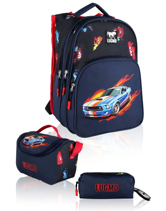 Lugmo 3 Lü İlkokul Çanta Seti Erkek Çocuk Çantası Astarlı Pedli Araba