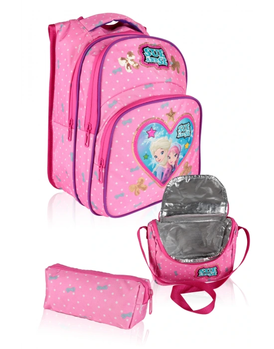 Lugmo 3 Lü İlkokul Çanta Seti Kız Çocuk Çantası Astarlı Love SueandSe Pembe