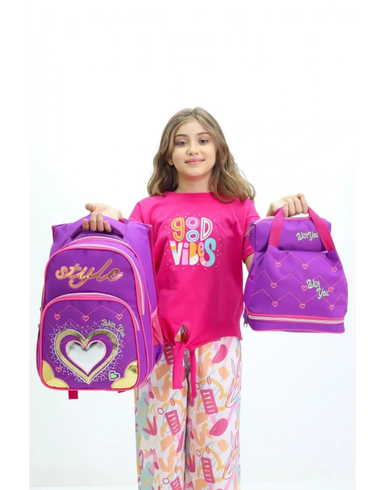 Lugmo 3 Lü Ortaokul Çanta Seti İlkokul Çantası Komple Astarlı Kalp Mor