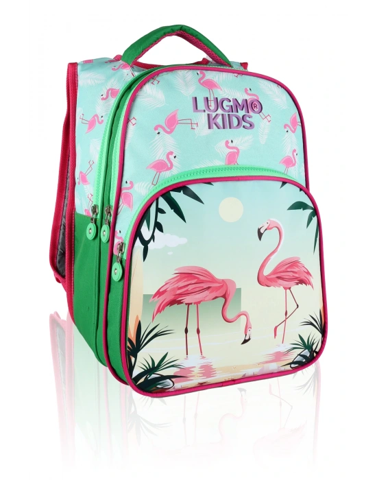 Lugmo Flamingo 3 Lü İlkokul Çanta Seti  Kız Çocuk Çantası Astarlı Pedli Yeşil-Pembe