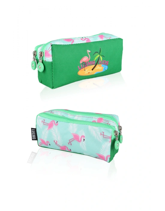 Lugmo Flamingo 3 Lü İlkokul Çanta Seti  Kız Çocuk Çantası Astarlı Pedli Yeşil-Pembe