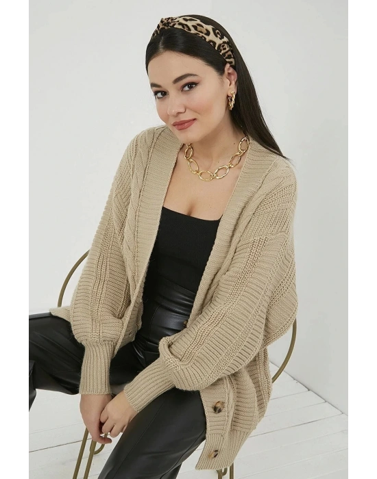 Lugmo Kadın Triko 4 Düğmeli Örgü Hırka Bej 70 cm