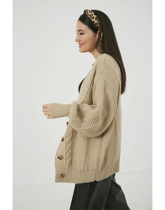 Lugmo Kadın Triko 4 Düğmeli Örgü Hırka Bej 70 cm