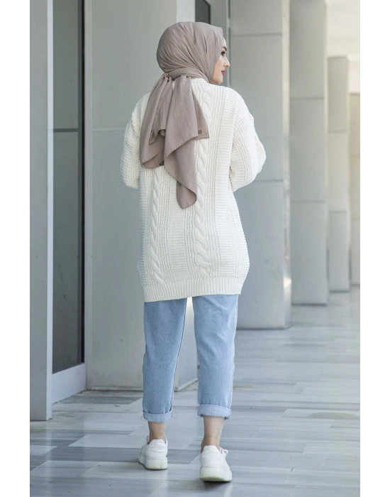 Lugmo Kadın Triko Hırka Akrilik iplik 80 cm Saç Örgülü Ekru