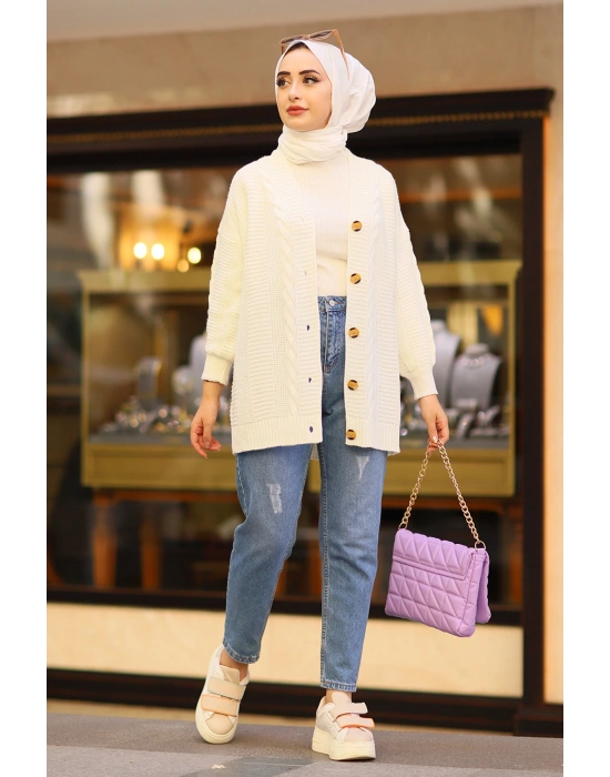 Lugmo Kadın Triko Hırka Akrilik iplik 80 cm Saç Örgülü Ekru