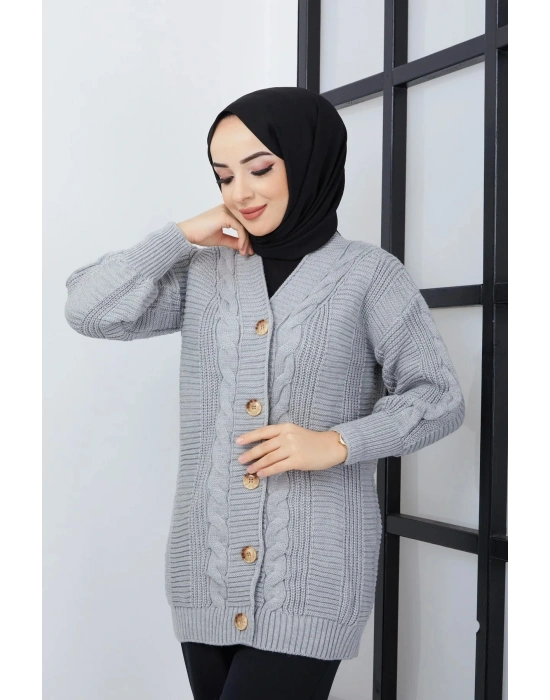 Lugmo Kadın Triko Hırka Akrilik iplik 80 cm Saç Örgülü Gri