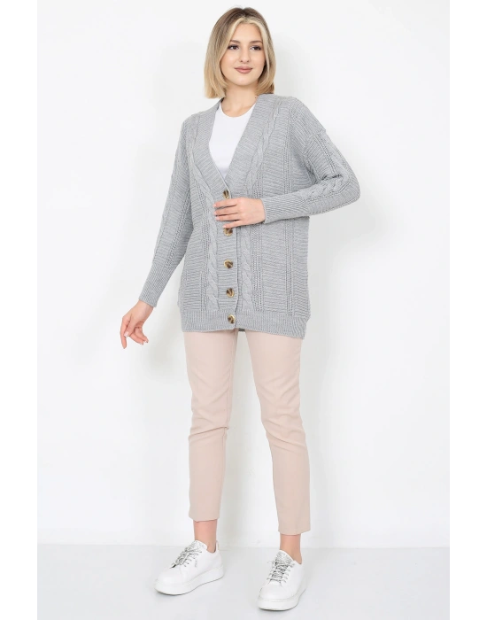 Lugmo Kadın Triko Hırka Akrilik iplik 80 cm Saç Örgülü Gri