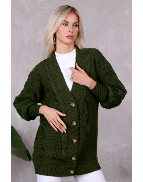 Lugmo Kadın Triko Hırka Akrilik iplik 80 cm Saç Örgülü Haki