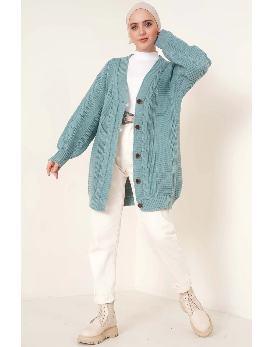 Lugmo Kadın Triko Hırka Akrilik iplik 80 cm Saç Örgülü Mint Yeşili