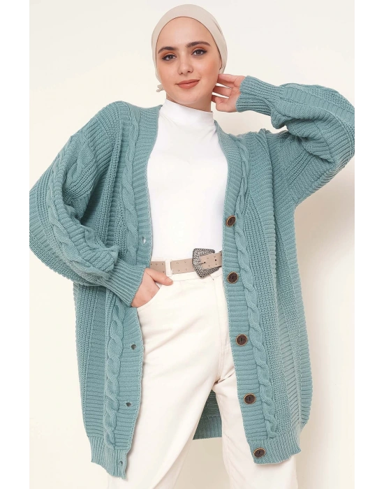 Lugmo Kadın Triko Hırka Akrilik iplik 80 cm Saç Örgülü Petrol