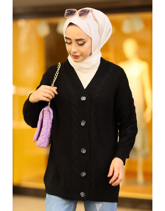 Lugmo Kadın Triko Hırka Akrilik iplik 80 cm Saç Örgülü Siyah