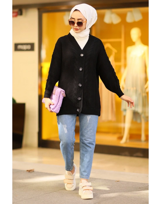 Lugmo Kadın Triko Hırka Akrilik iplik 80 cm Saç Örgülü Siyah