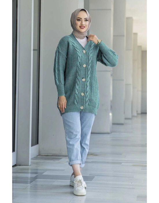 Lugmo Kadın Triko Hırka Akrilik iplik 80 cm Saç Örgülü Su Yeşili