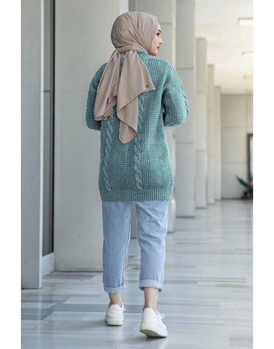 Lugmo Kadın Triko Hırka Akrilik iplik 80 cm Saç Örgülü Su Yeşili