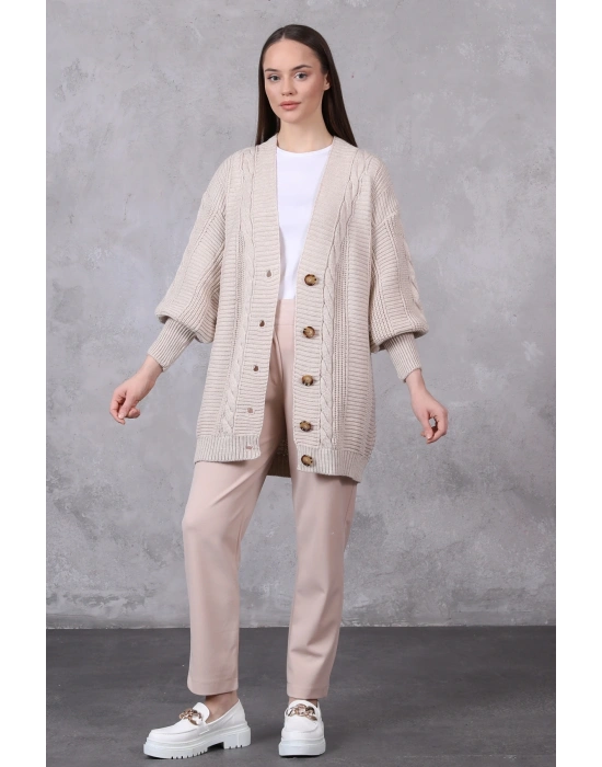 Lugmo Kadın Triko Hırka Akrilik iplik 80 cm Saç Örgülü Taş Renk