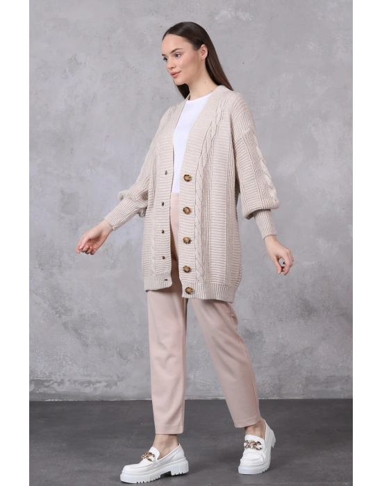 Lugmo Kadın Triko Hırka Akrilik iplik 80 cm Saç Örgülü Taş Renk