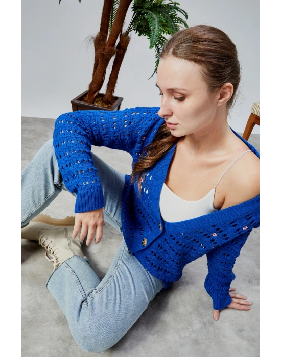 Lugmo Kadın Triko Hırka Çiçek Nakışlı Delikli Standart Beden Saks Mavi