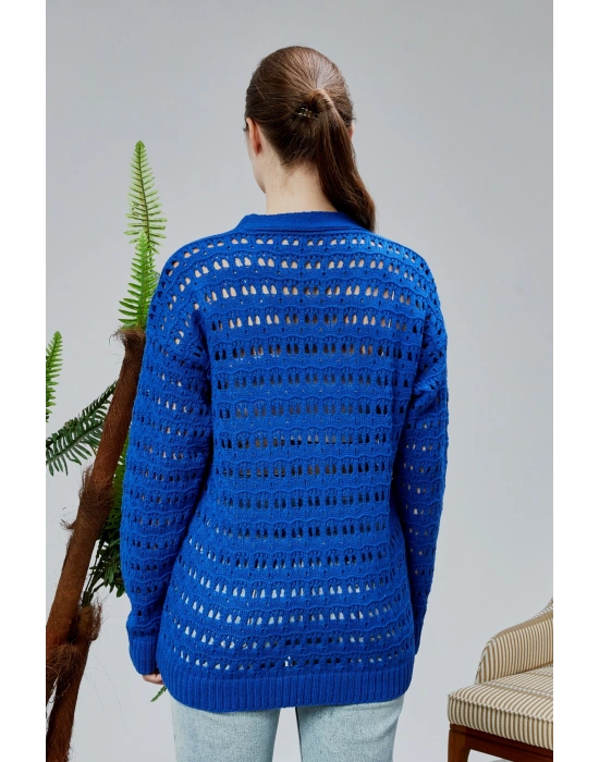 Lugmo Kadın Triko Hırka Çiçek Nakışlı Delikli Standart Beden Saks Mavi