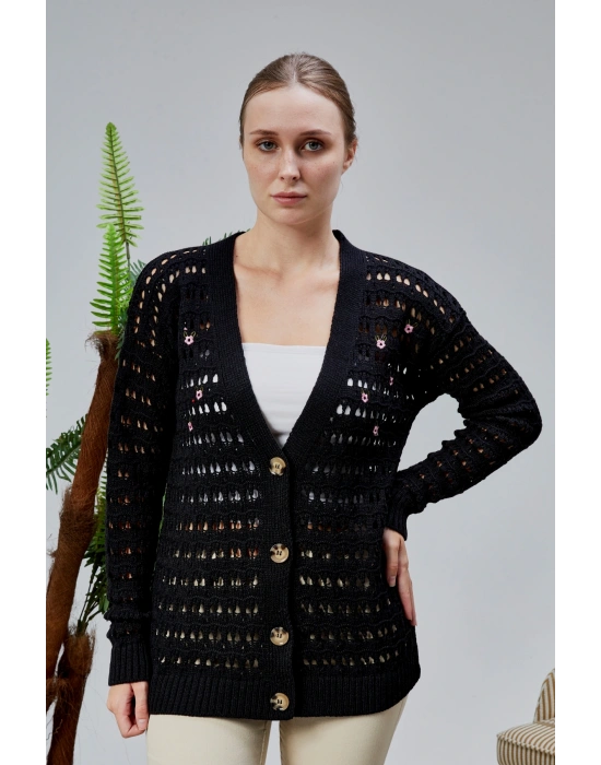 Lugmo Kadın Triko Hırka Çiçek Nakışlı Delikli Standart Beden Siyah