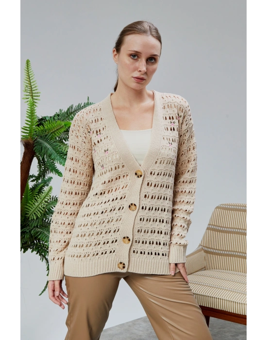 Lugmo Kadın Triko Hırka Çiçek Nakışlı Delikli Standart Beden Ten Rengi