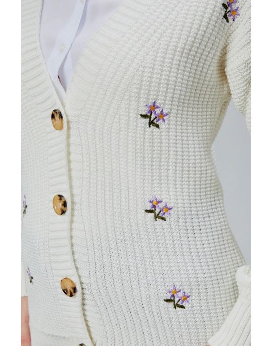 Lugmo Kadın Triko Hırka Çiçek Nakışlı Standart Beden Ekru