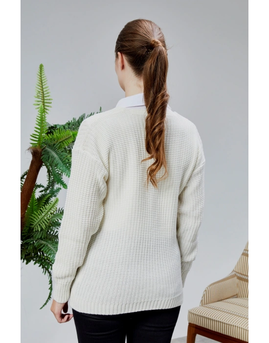 Lugmo Kadın Triko Hırka Çiçek Nakışlı Standart Beden Ekru