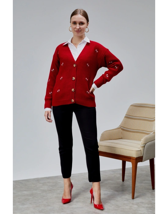 Lugmo Kadın Triko Hırka Çiçek Nakışlı Standart Beden Kırmızı