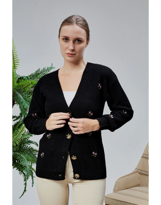 Lugmo Kadın Triko Hırka Çiçek Nakışlı Standart Beden Siyah