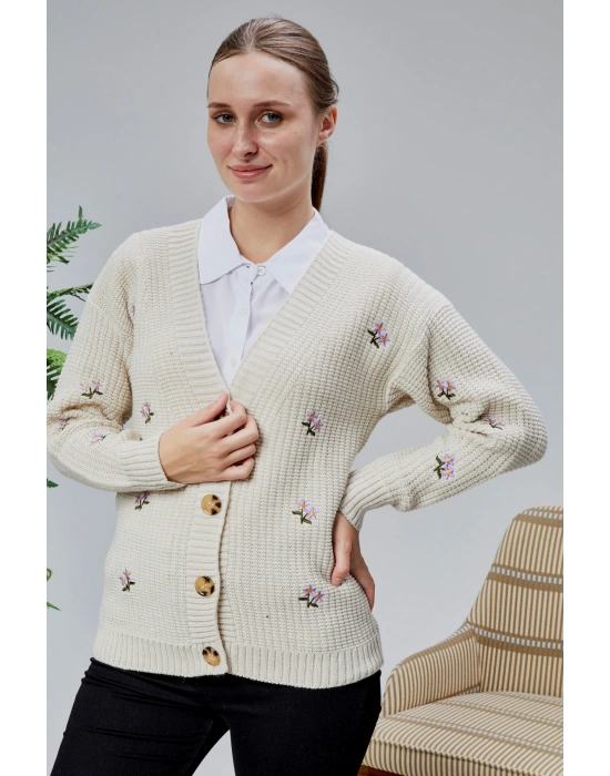 Lugmo Kadın Triko Hırka Çiçek Nakışlı Standart Beden Ten