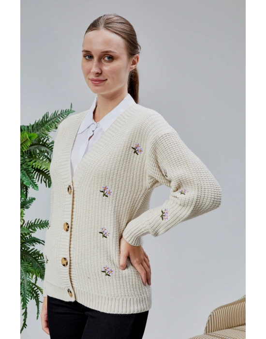 Lugmo Kadın Triko Hırka Çiçek Nakışlı Standart Beden Ten