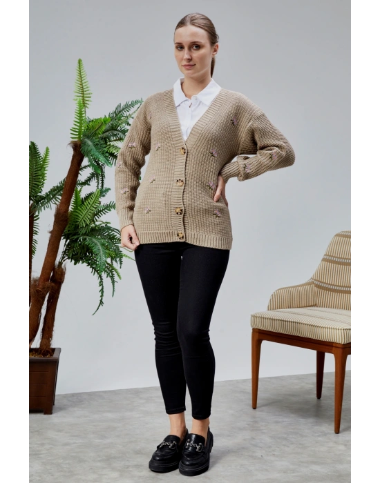 Lugmo Kadın Triko Hırka Çiçek Nakışlı Standart Beden Vizon