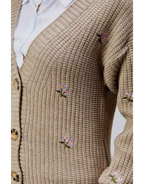 Lugmo Kadın Triko Hırka Çiçek Nakışlı Standart Beden Vizon