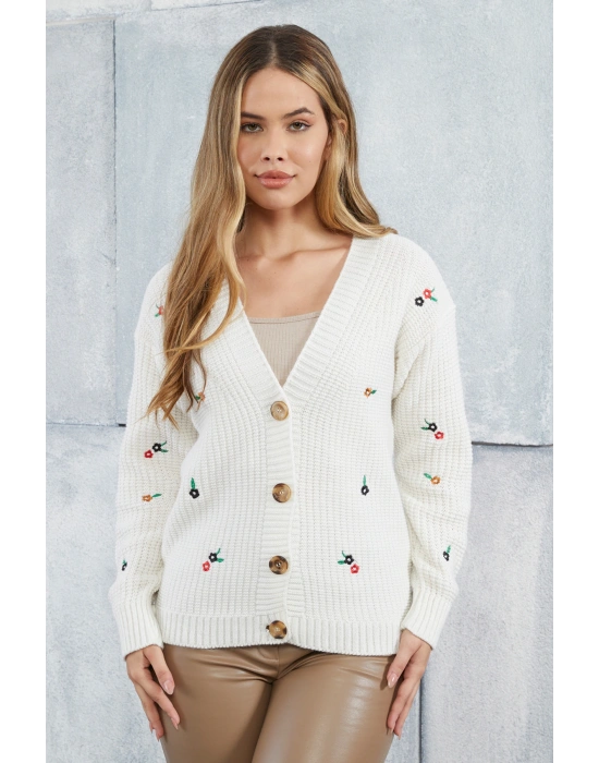 Lugmo Kadın Triko Hırka Çiçek Standart Beden Ekru