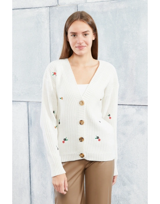 Lugmo Kadın Triko Hırka Çiçek Standart Beden Ekru